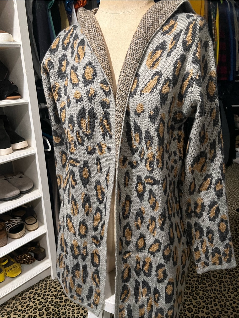 Hooded Leopard-Print Open Front Cardigan Sweater - Gray & Tan